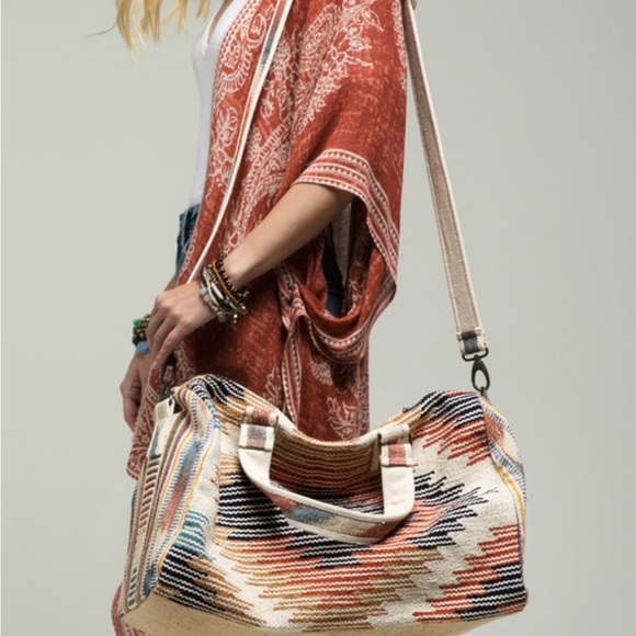 90. LAST 1! Blue Vacation Bag Woven Boho Bohemian Aztec Duffle Travel Weekender - Picture 5 of 7